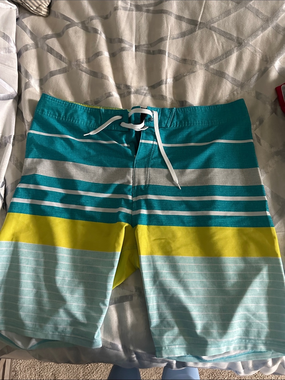 Old Navy Teal, Yellow and Light Blue Striped Swim Shorts